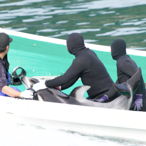 Captured dolphin taken by hunters